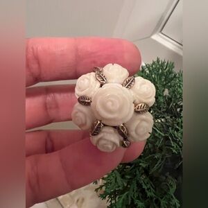 SX sterling silver White coral carved Roses Cluster Ring size 6